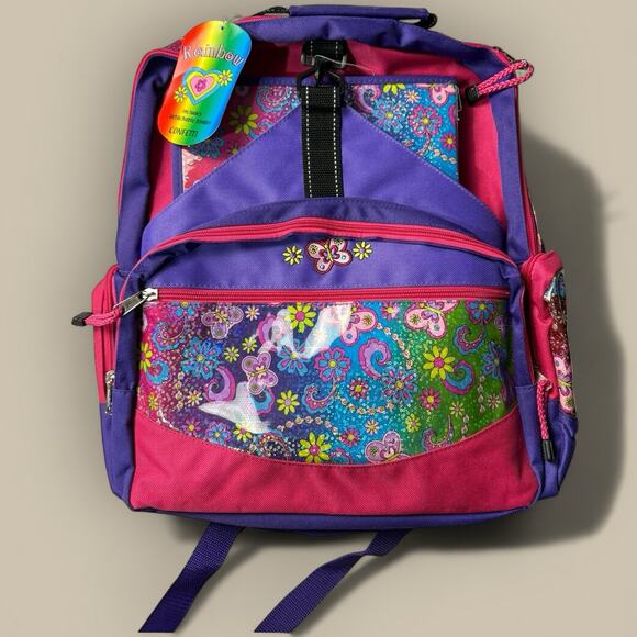 Vtg Pink Flowers Vinyl Bookbag Backpack Y2K Rainbow Binder School Bag Butterfly - Picture 2 of 2